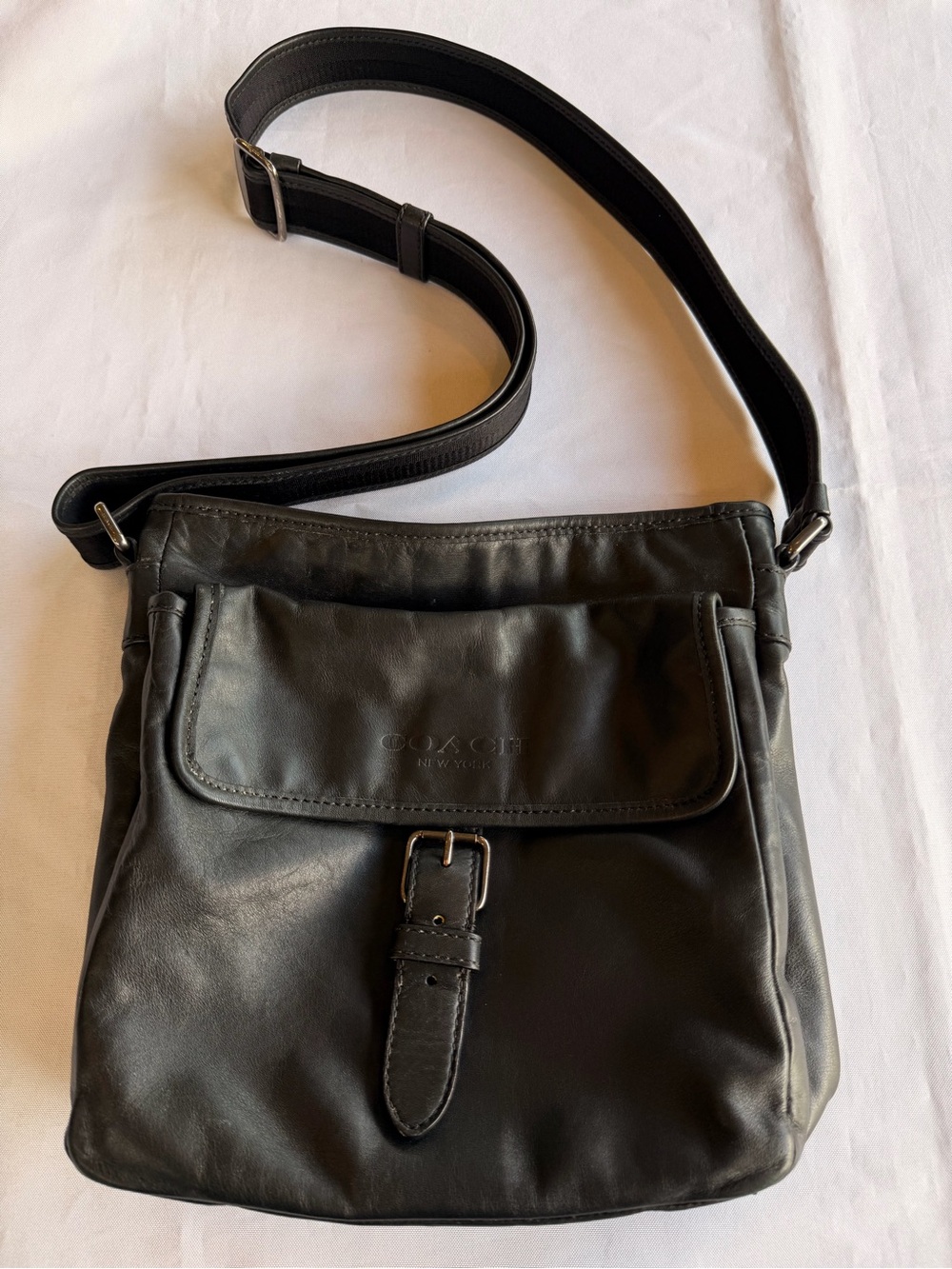 Coach Black Leather Messenger Crossbody Bag Canvas Strap Mens Womens